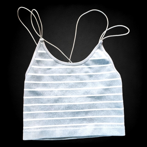 🔖Final Sale No Boundaries Grey Striped Stretchy Criss Cross Thin Strap Tank Top - Picture 1 of 4